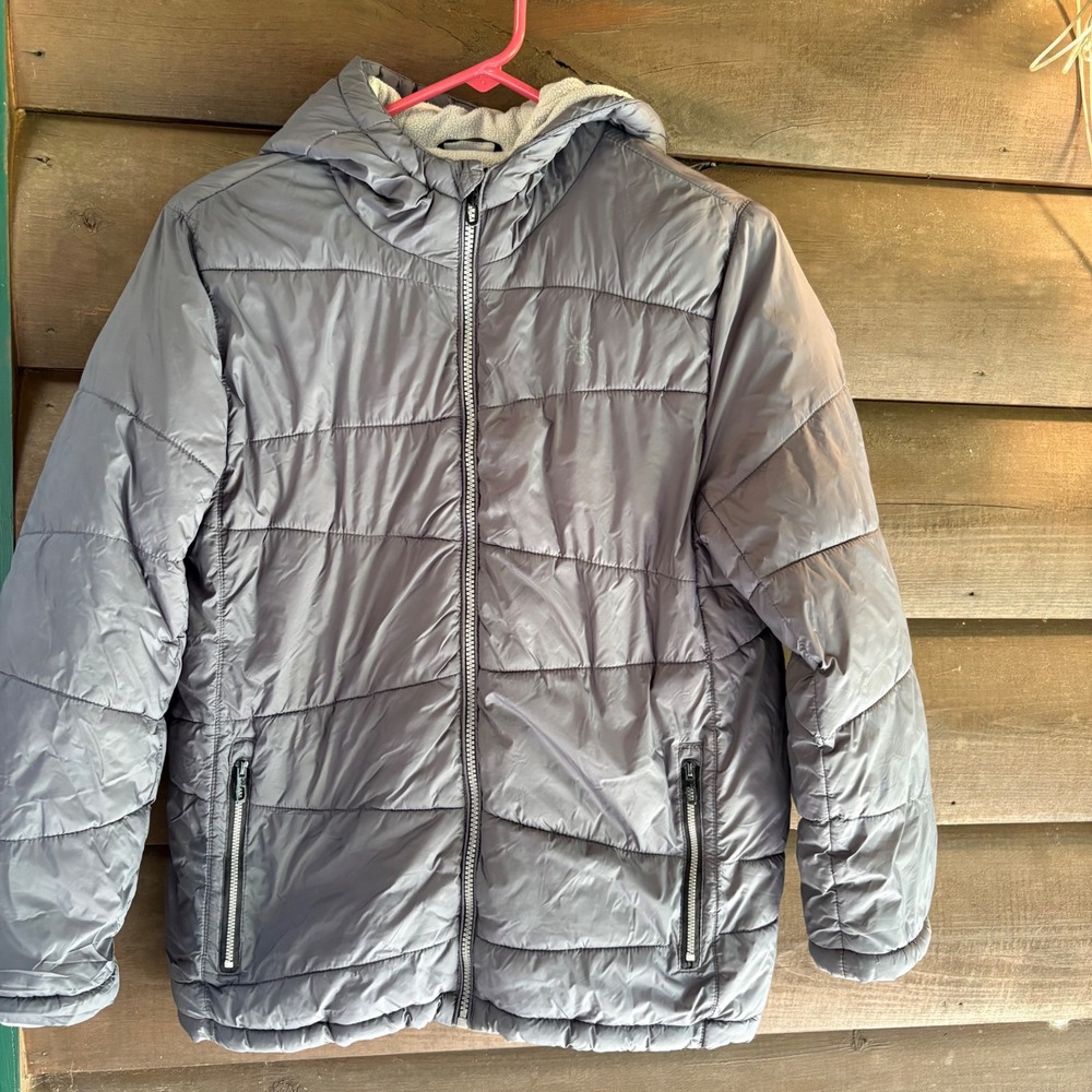 Spyder Boys Gray Hooded Puffer Jacket Fleece Lined Size Large 14/16 SPFFM28F-069